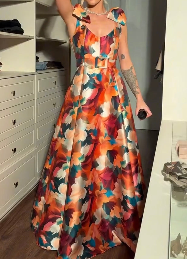 Fashion Large Swing Dress Sleeveless Printed Waist Slim Satin Dress
