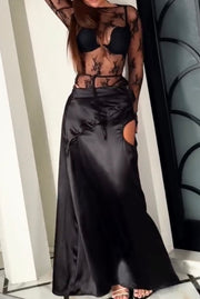 Mesh Transparent Lace Layered Top Satin Hollow-out Long Skirt Suit