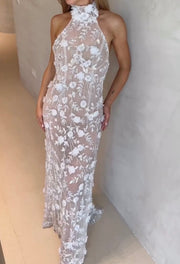 Dignified Flowers Collage Three-Dimensional Flower Waist Slimming High Waist Dress