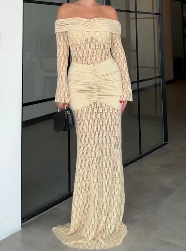 Off-the-Shoulder Lace Sheath Sexy Long Sleeve Dress Temperament Long Dress