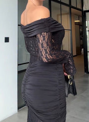 Off-the-Shoulder Lace Sheath Sexy Long Sleeve Dress Temperament Long Dress