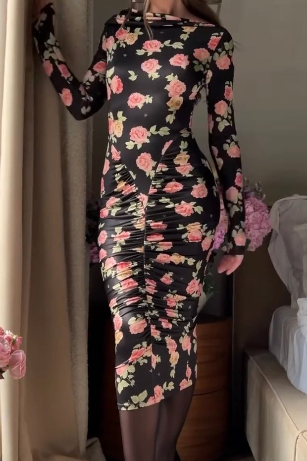 Socialite Cinched Bodycon Long Sleeve Narrow Slit Slim-Fitting Square Collar Dress