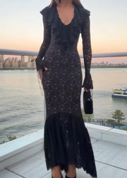 Elegant Sexy Lace Cutout V-neck Lace-up Slim-Fit Long-Sleeved Dress