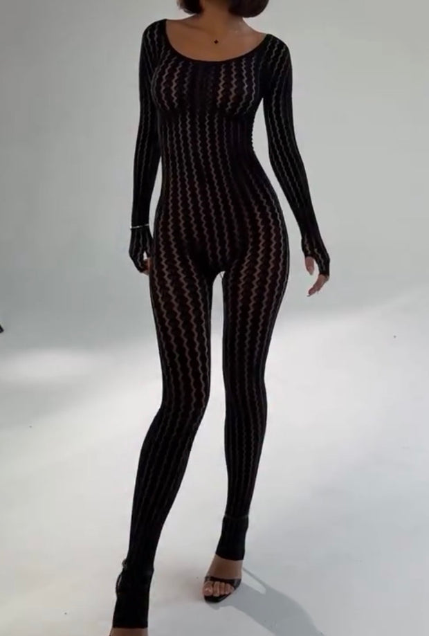 Fashion Seamless Striped Jacquard One-Piece Long Sleeves Jumpsuit