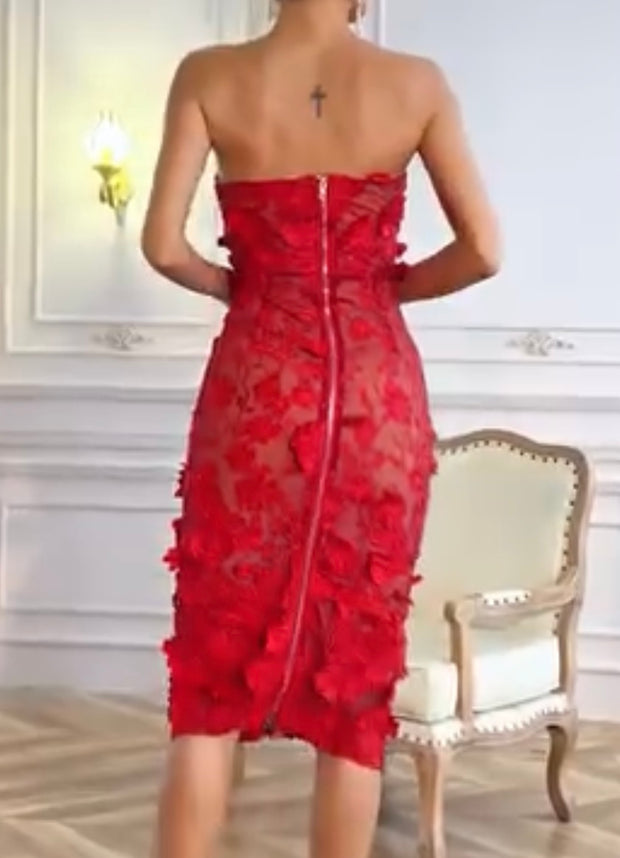 Lace Three-Dimensional Flower Decoration Slim-Fit Sexy Tube Top Dress