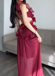 Elegance Retro Dress Irregular Red Dress