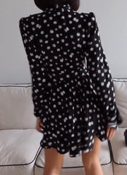 Printed Deep V-neck Sexy Waist Pleated Slim-Fit A- line Dress