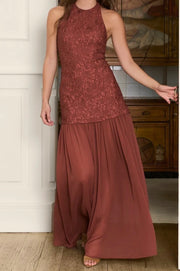 Elegant Jacquard Halter Sleeveless Exposed Back Slim Fit Patchwork Slimming Dress