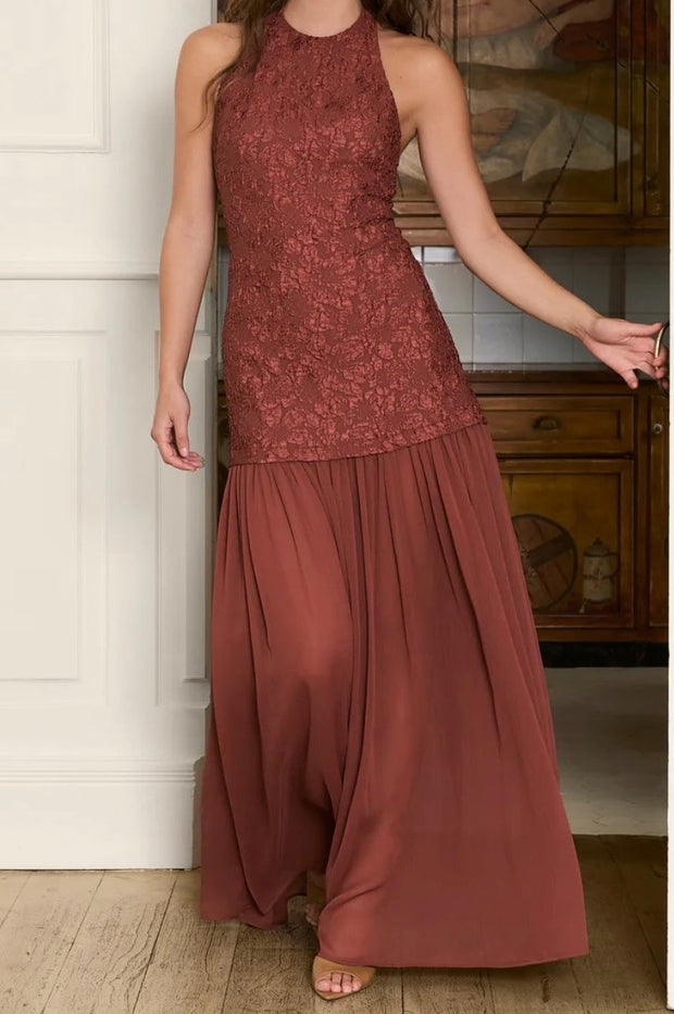 Elegant Jacquard Halter Sleeveless Exposed Back Slim Fit Patchwork Slimming Dress