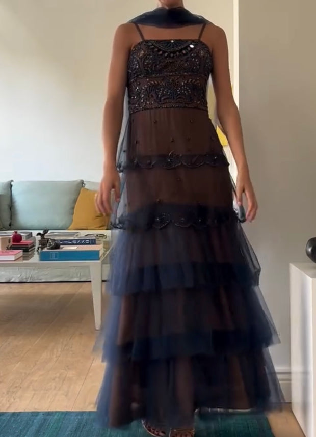 Ruffle Sleeveless Slim Fit Large Swing Fairy Mesh Dress