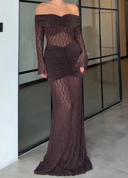 Off-the-Shoulder Lace Sheath Sexy Long Sleeve Dress Temperament Long Dress