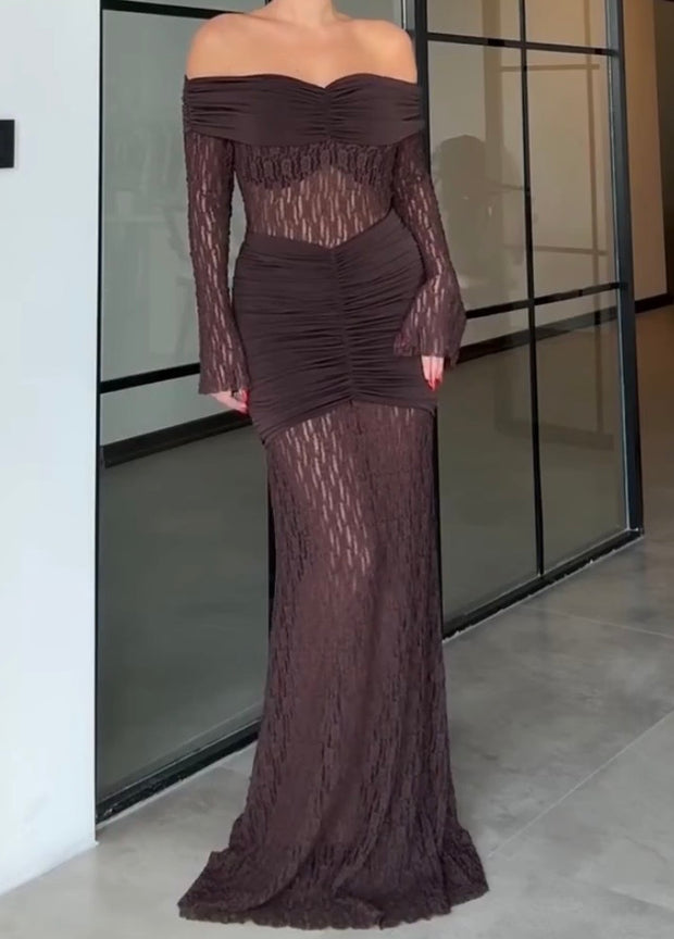 Off-the-Shoulder Lace Sheath Sexy Long Sleeve Dress Temperament Long Dress