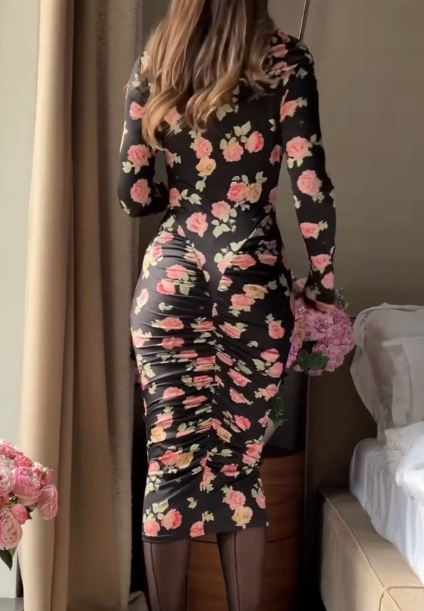 Socialite Cinched Bodycon Long Sleeve Narrow Slit Slim-Fitting Square Collar Dress