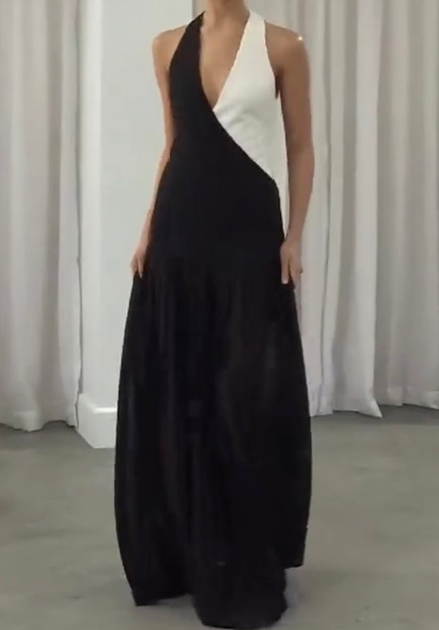 Sexy V-neck Black and White Splicing Sling Dress