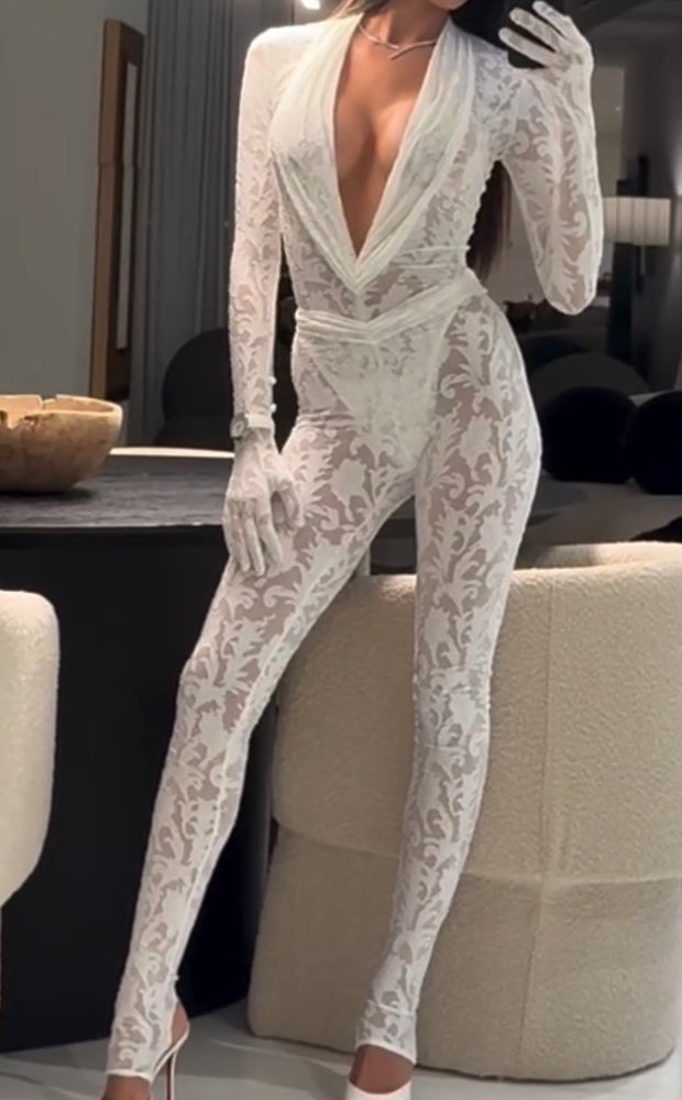 Personality Street Sexy Hot Girl Lace Hollow out See-through Tight Jumpsuit