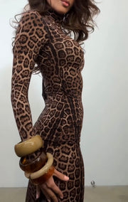 Elegant Leopard-Print Slim-Fit Sheer Long Sleeve Sexy Waist Trimming Bodycon Dress