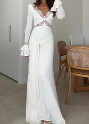 Long Sleeve Lace Patchwork Flared Sleeves Ribbon Elegant Slim-Fit Dress