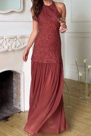 Elegant Jacquard Halter Sleeveless Exposed Back Slim Fit Patchwork Slimming Dress