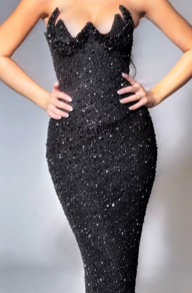 Strapless Black Sequins Heavy Industry Beads Sexy Evening Dress