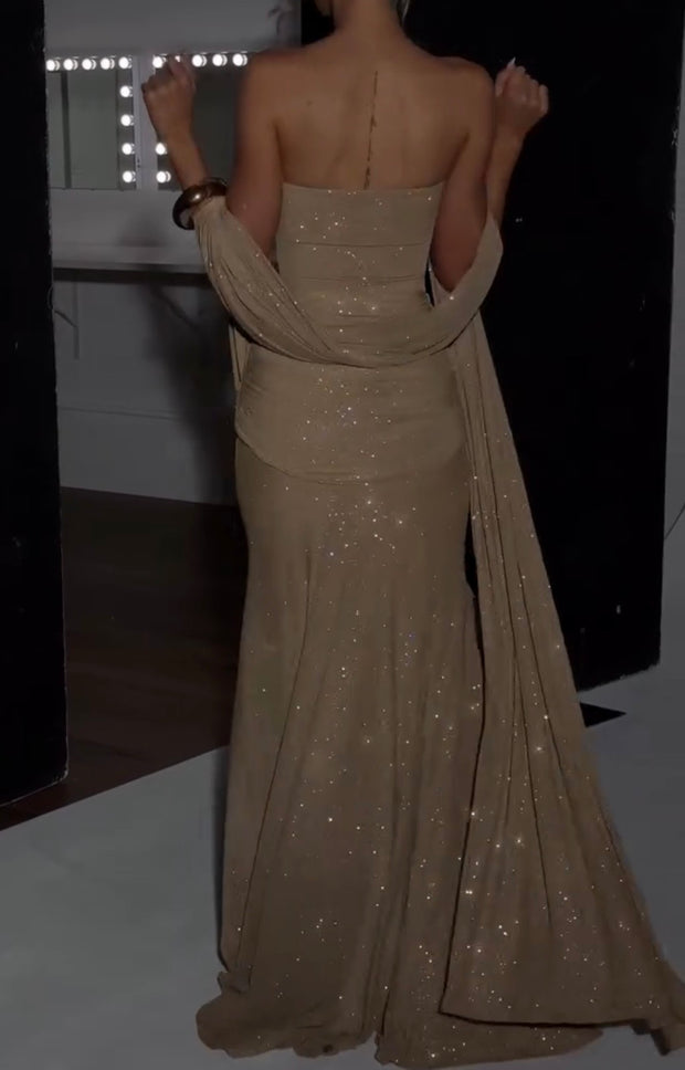 Pleated Mesh Long Sleeve off-Shoulder Tube Top Hip Skirt High Waist See-through Fishtail Dress