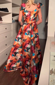 Fashion Large Swing Dress Sleeveless Printed Waist Slim Satin Dress