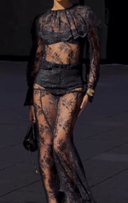 Mesh Long Sleeve Lace Bell-Bottom Sexy High Waist See-through Lace Pants