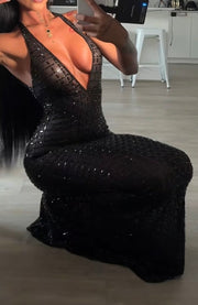 Sexy Backless See-through Halter Sheath Rhinestone Dress