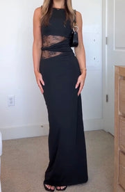 Pleated Lace Slim Fit Patchwork Slimming High Waist Sleeveless-Step Dress