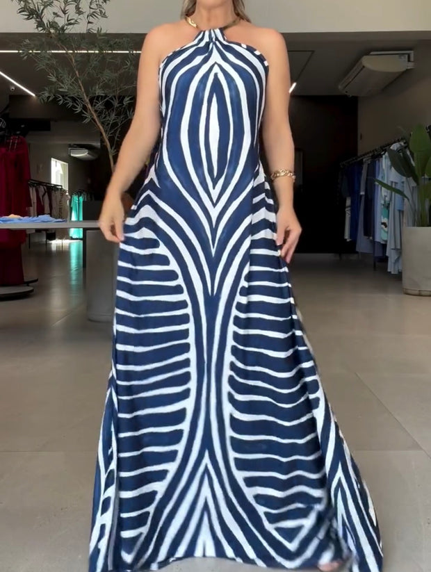 Graceful Personality Women's Printed Striped Spaghetti Straps Hollow-out Long Dress