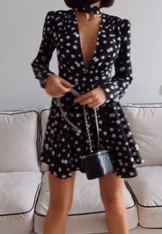 Printed Deep V-neck Sexy Waist Pleated Slim-Fit A- line Dress