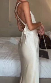 V-neck Backless Satin Lace Sleeveless Waist-Tight Elegant Dress