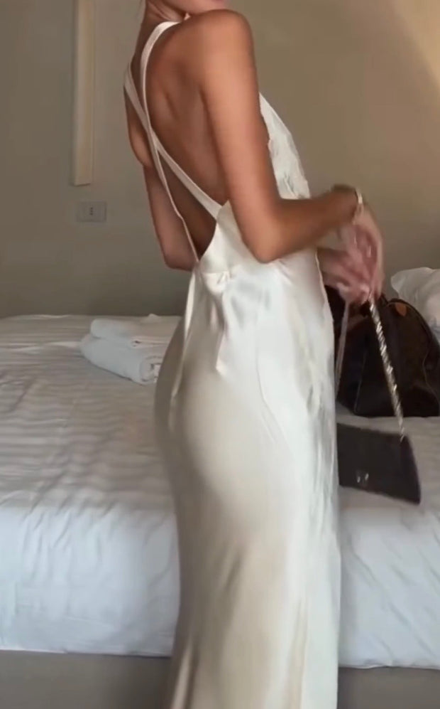 V-neck Backless Satin Lace Sleeveless Waist-Tight Elegant Dress